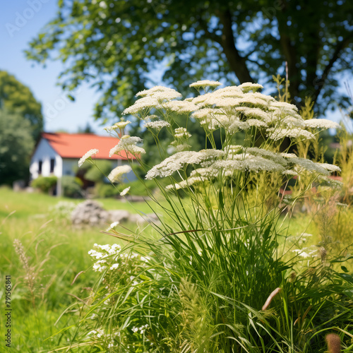 Countryside landscape with focus on white wildflowers on the meadow. Wild carrot flowers in natural farm garden with white barn house on background