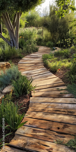 A wooden walkway made from old pallets, winding through the garden and connecting various parts of it, with small plants growing between them