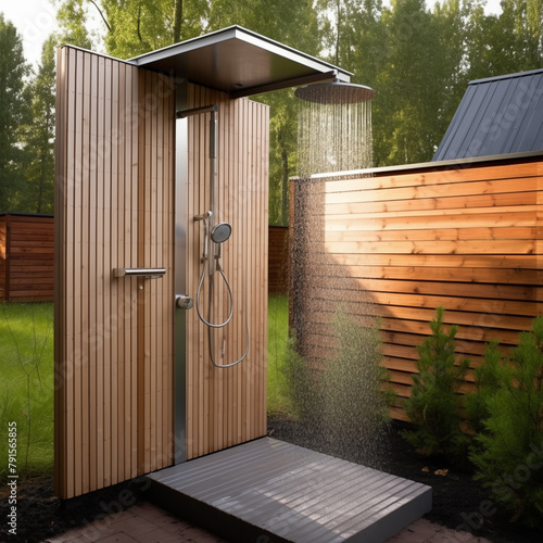 Modern outdoor shower cabin in forest garden. Landscape design, landscape architecture, summer shower cabin, green trees and shrubs around