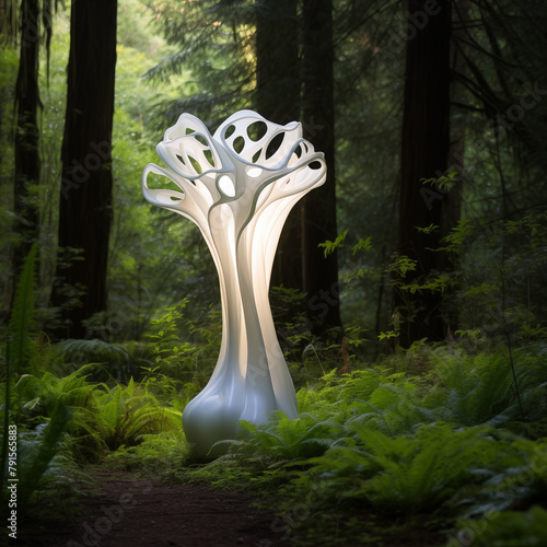 A white illuminated ceramic sculpture in the shape of an abstract flower or mushroom, standing tall and elegant amidst lush greenery old forest. Abstract futuristic design