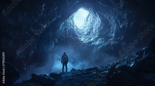 Man exploring dark fantasy cave 3d illustration