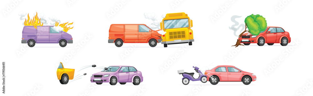 Fototapeta premium Car Crash and Accident on the Road Vector Set