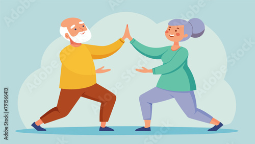 An elderly couple engaging in partner Qigong supporting and connecting with each other while promoting harmony and wellness.