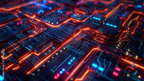 Intricate cyberpunk circuitry patterns with neon lights  AI generated illustration photo