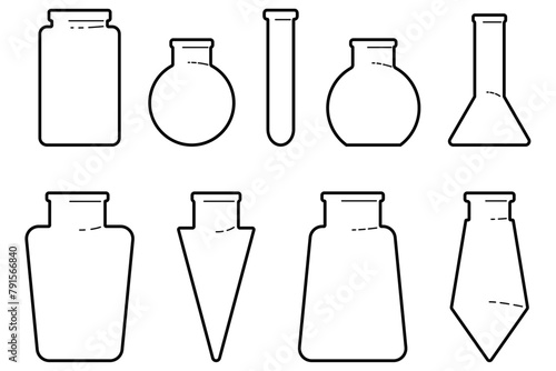 Vector drawing of glass tubes  flasks for chemical experiments. Glass flask for alchemy  magic drinks. A set of flasks for the design of magical rituals.