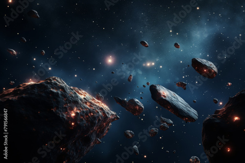 Stone meteorites and asteroids flying in space. AI generated.
