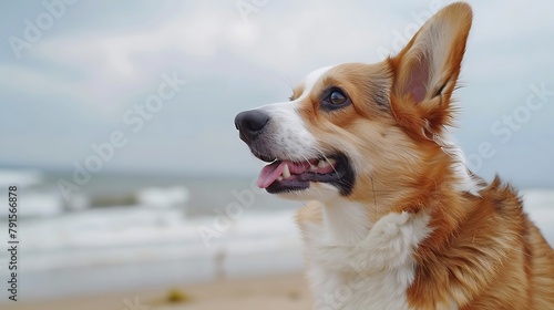 Portrait of charming Welsh corgi Pembroke tricolor on background of beach top view © Rosie