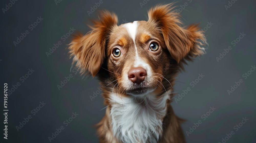 portrait of cute little Epagneul Breton dog against gray background