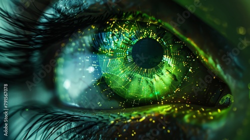 Macro view of a holographic cybernetic eye with neon green iris AI generated illustration