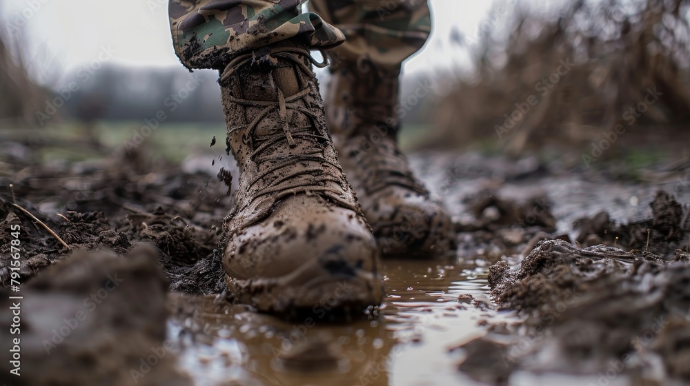 Muddy boots trudging through a battlefield AI generated illustration Muddy boots trudging through a battlefield AI generated illustration