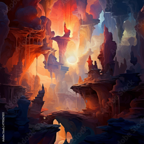 Illustration. Bright fantastic landscape. Mountains, canyon, caves. Fantastic castle in the mountains. 