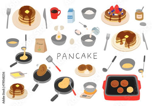 パンケーキにまつわる手描きイラストセット（カラー/輪郭線なし）