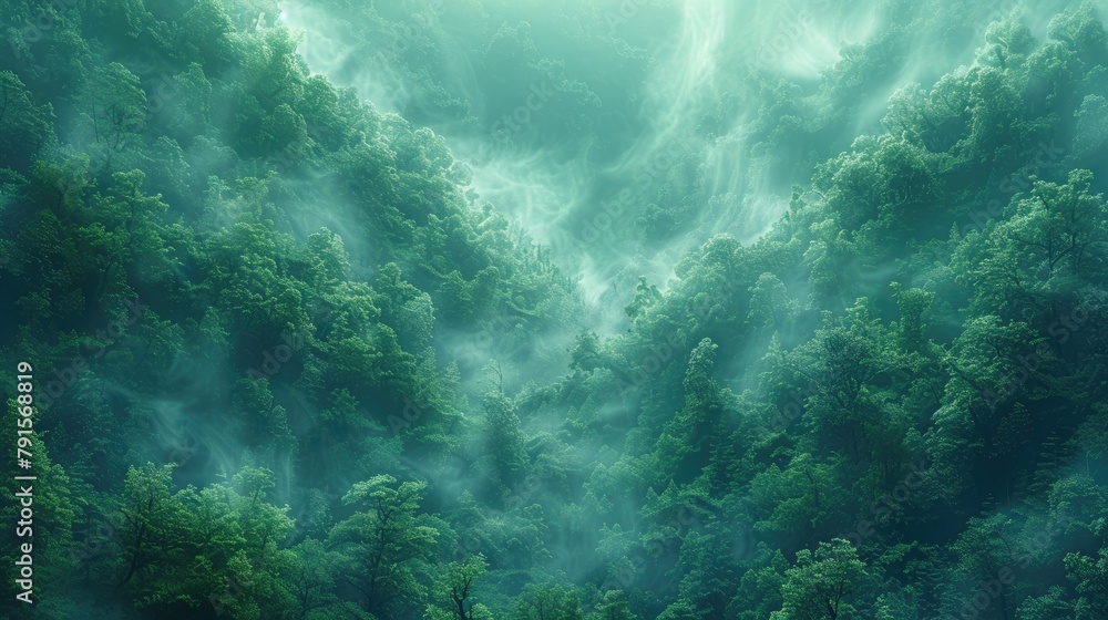 Fototapeta premium Fractal forests emerging from the mist, blending nature with algorithmic art