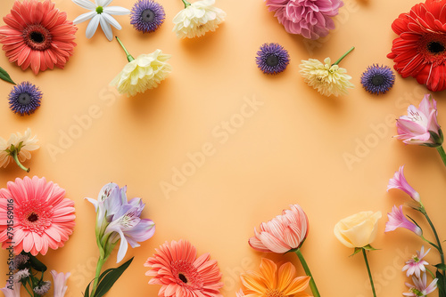 Colorful flowers on colorful background with copyspace