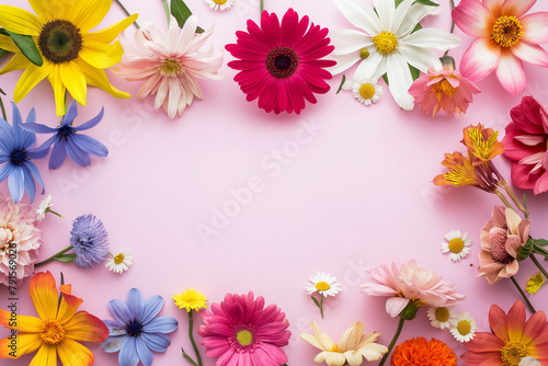 Colorful flowers on colorful background with copyspace © AI