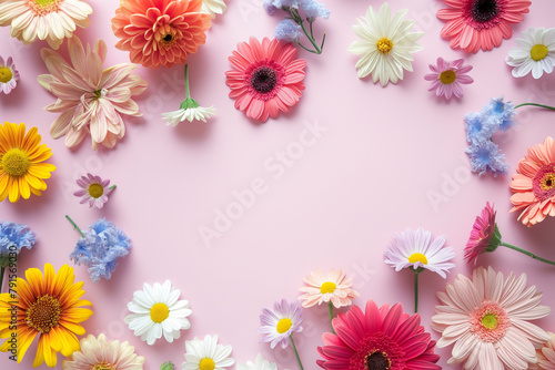 Colorful flowers on colorful background with copyspace