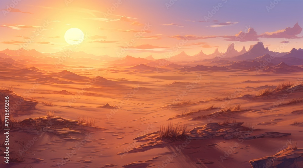 Serene desert sunset with warm amber hues painting tranquil dunes