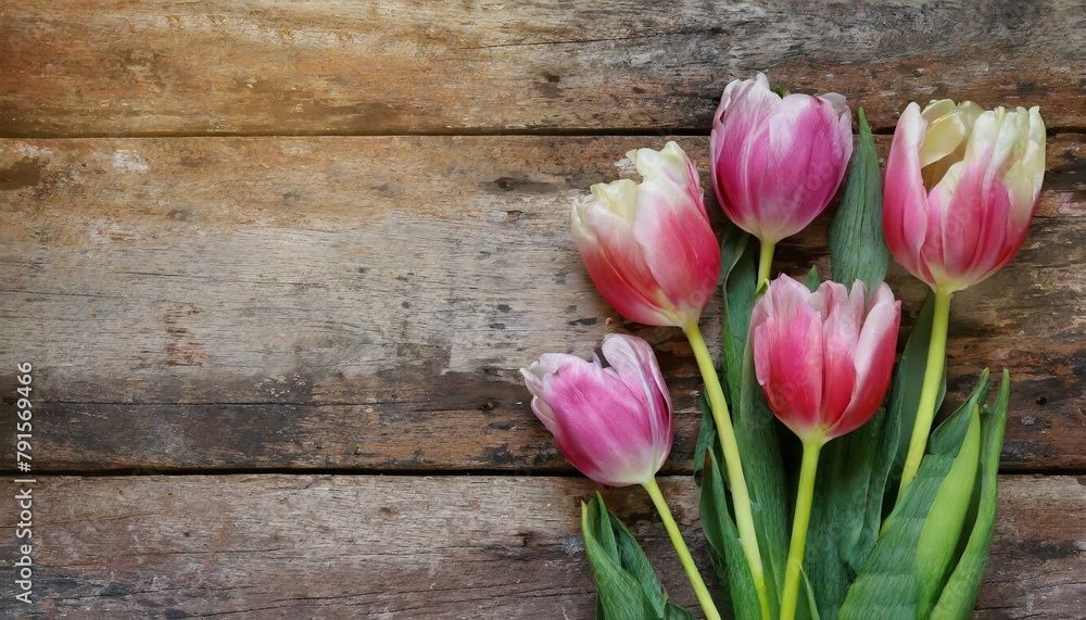 Spring Tulips on Rustic Wooden Background: Copy Space