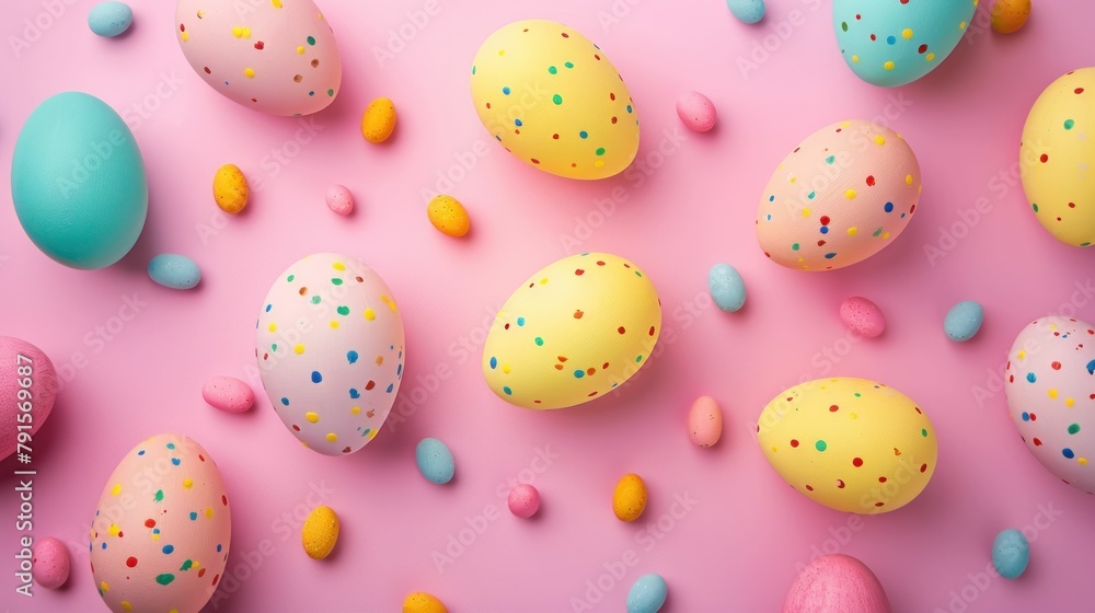 Colorful Easter eggs on pink background, top view flat lay background for Easter celebration concept