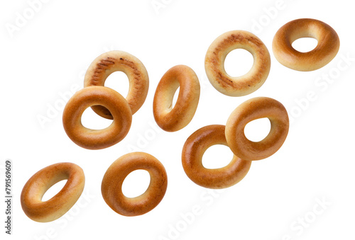 Drying bagels fly on a white background. Isolated