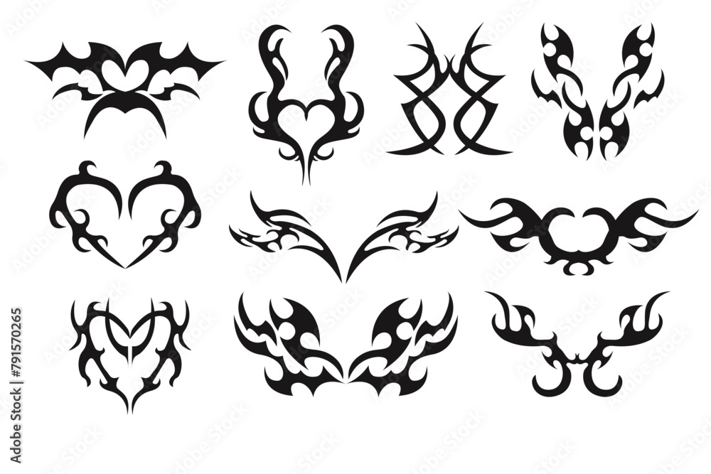 Neo tribal heart y2k aesthetic tattoo gothic cover, fire or wings abstract silhouette isolated on background. Divider, border, cyber body ornament, neotribal web goth decoration Neo tribal heart y2k aesthetic tattoo gothic cover, fire or wings abstract silhouette isolated on background. Divider, border, cyber body ornament, neotribal web goth decoration