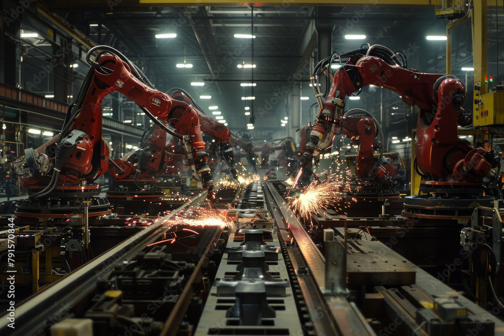 An expansive factory floor with robotic arms assemble intricate machinery while workers oversee the process with focused expertise. Sparks fly as metal is shaped - obrazy, fototapety, plakaty 