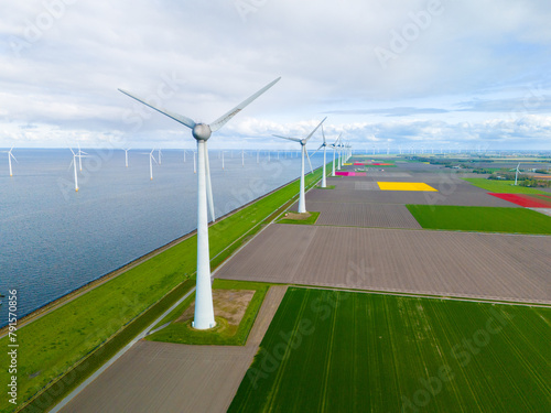 A wind farm stretches gracefully across the Dutch countryside, harnessing the power of the breeze from the nearby body of water