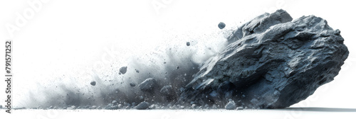 Mountain rockfall. Destruction of stones by fragments and dust. Falling fragments of stone. Fallen asteroid isolated on white background