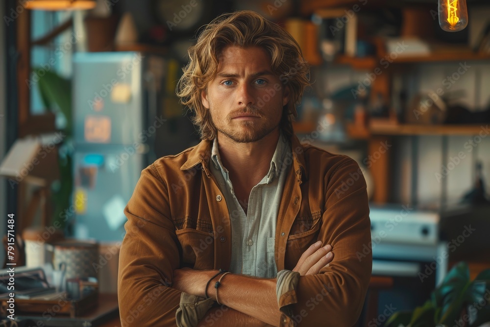 Fototapeta premium A handsome man confidently poses with his arms crossed, surrounded by a creative workspace environment