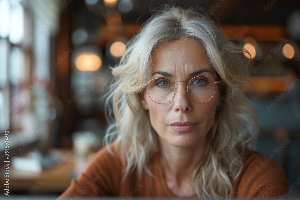 An elegant mature woman exhibits a calm and neutral expression indoors, with soft focus in the background An elegant mature woman exhibits a calm and neutral expression indoors, with soft focus in the background