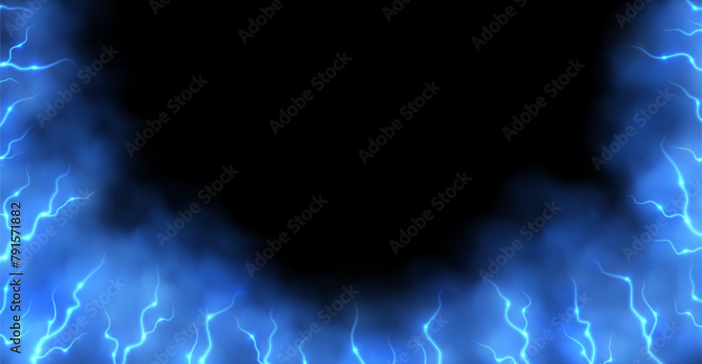 Blue smoke with lightnings abstract background, thunderbolts and vapor, lightning in blue fog. Neon haze with energy charges. Vector illustration.