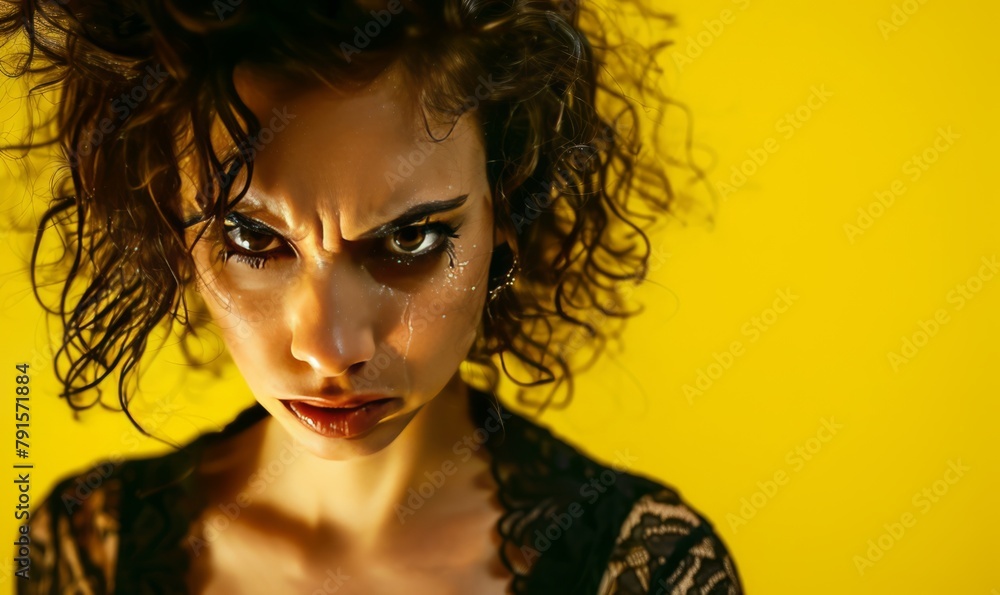 Fototapeta premium Disgruntled brunette girl on yellow background generated by AI