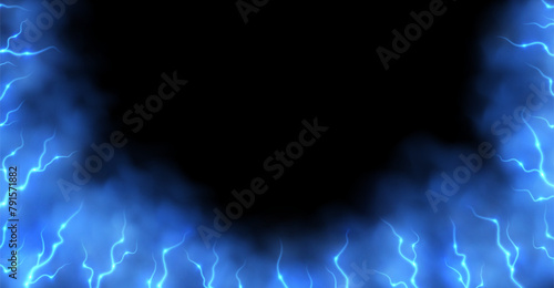 Blue smoke with lightnings abstract background, thunderbolts and vapor, lightning in blue fog. Neon haze with energy charges. Vector illustration.