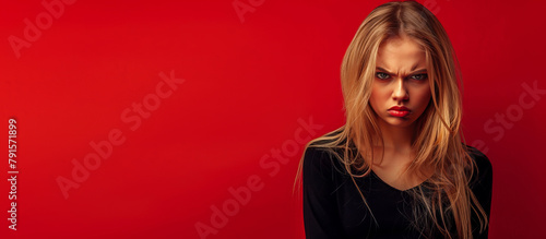 Angry blonde girl on red background generated AI photo