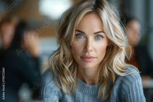 Close-up of a sophisticated blonde woman with captivating blue eyes in a modern urban setting