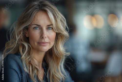 Serene mature woman with vibrant blue eyes in a reflective, tranquil pose in an urban setting