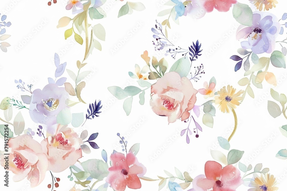 Watercolor floral wreath, seamless pattern in pastel colors.