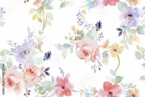 Watercolor floral wreath  seamless pattern in pastel colors.