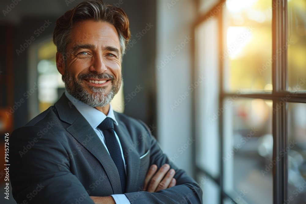 A handsome businessman in a suit stands confidently, arms crossed, with a warm smile in a bright office setting A handsome businessman in a suit stands confidently, arms crossed, with a warm smile in a bright office setting