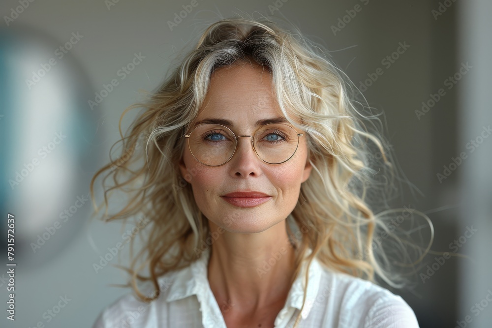 Elegant mature woman wearing glasses stands with a serene expression in a warm, soft-lit environment Elegant mature woman wearing glasses stands with a serene expression in a warm, soft-lit environment