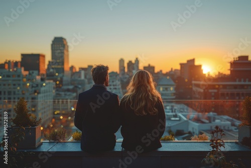 A serene image capturing a couple enjoying a breathtaking sunset from a high vantage point overlooking an urban skyline