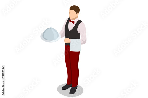 Isometric Waitress in uniform delivering tray with food in a room of hotel. Enjoy the Holiday and Vacation. Room service.