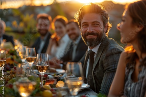 A sophisticated group enjoys an outdoor dinner party at dusk, with focus on a smiling man raising a toast