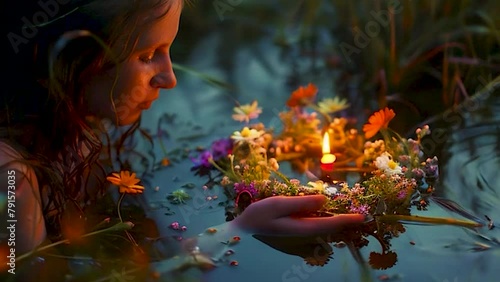 a young woman floats a wreath on Ivan Kupala. Selective focus. nature. photo
