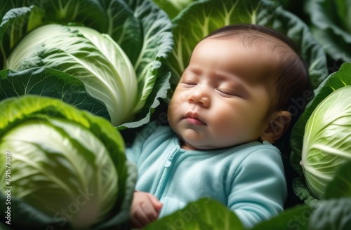 asian toddler boy in cabbage. new born baby sleeping at garden on ground surrounded by vegetables