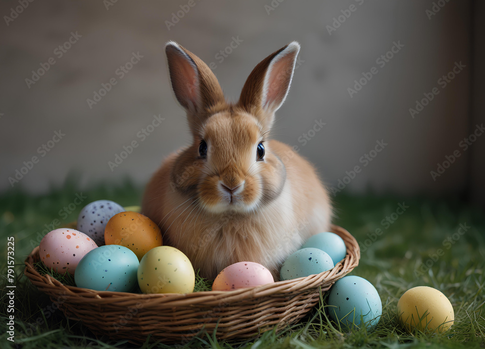 The Easter bunny is in the basket. Created with Generative AI technology. The Easter bunny is in the basket. Created with Generative AI technology.