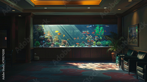 The soft glow of a colorful aquarium casting shadows in an otherwise dark, elegant room with clean, modern lines. photo