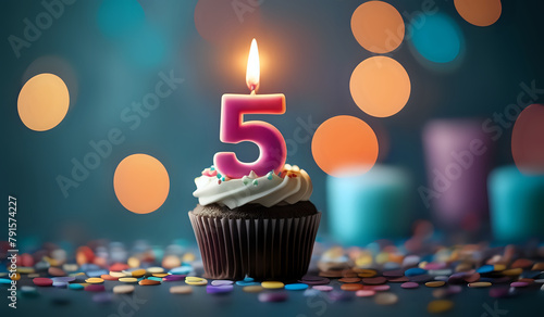 Birthday cupcake with lit birthday candle. Number five for five years or fifth anniversary. photo