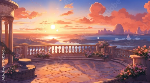  Enchanted sky garden terrace under a golden sunset, serene and tranquil photo