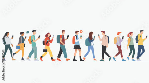 Crowd of people walking using smartphones or mobile p